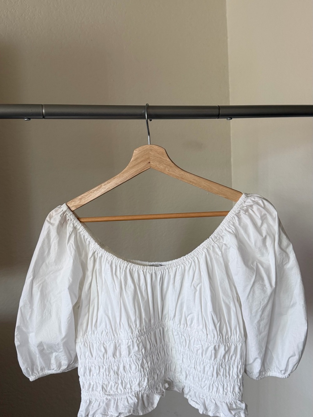 Women's White Off-Shoulder Smocked cropped Peasant Top